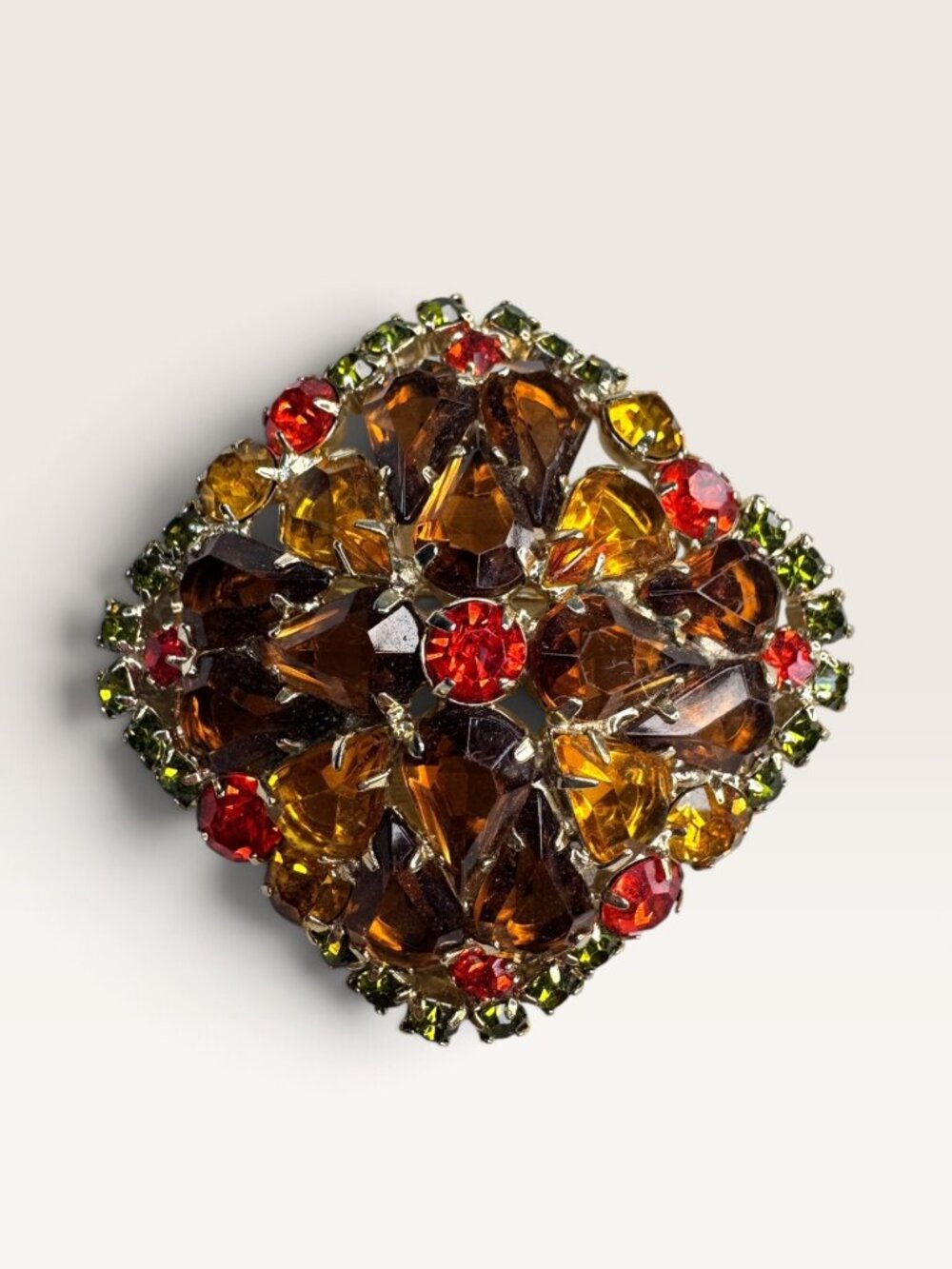 Vintage 1960s Smoky Topaz Amber Rhinestone Square Cushion Domed Brooch Pin